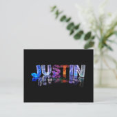 Der Name Justin in 3D-Leuchten (Foto) Postkarte (Stehend Vorderseite)