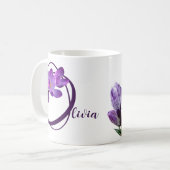 Der Name Olivia ist lila, der Blumenspass ist indi Kaffeetasse (Vorderseite Links)