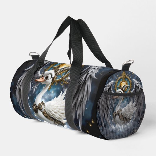Der neugierige Uhrwerk-Schwan. Duffle Bag (Rechte Ecke)