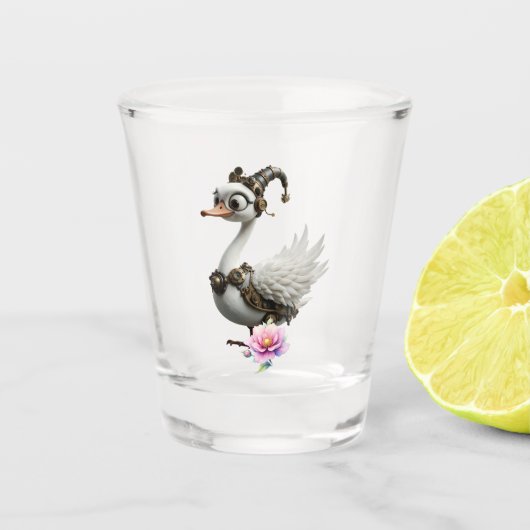 Der neugierige Uhrwerk-Schwan. Schnapsglas (Vorderseite)