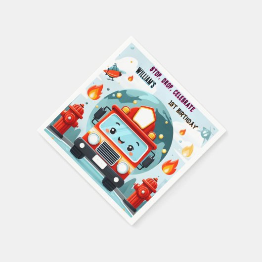 Der Niedliche Motor von Hot Fire Truck 1. Geburtst Serviette (Ecke)