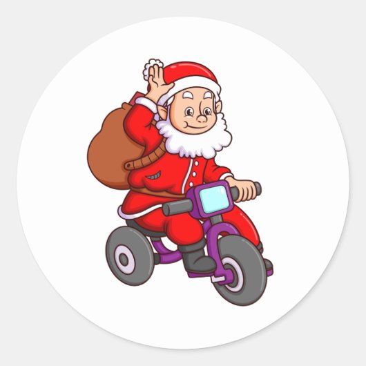 der niedliche santa claus fährt Fahrrad und wav Runder Aufkleber (Vorderseite)
