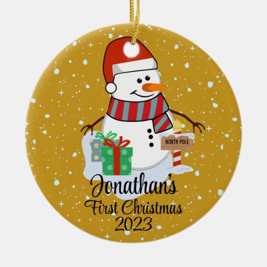 Der niedliche Schneemann des Babys in seiner moder Keramik Ornament (Vorne)