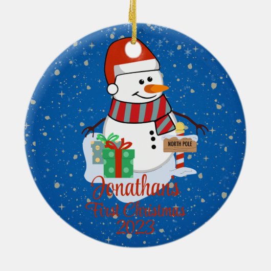 Der niedliche Schneemann des Babys in seiner moder Keramik Ornament (Hinten)