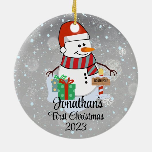 Der niedliche Schneemann des Babys in seiner moder Keramik Ornament (Hinten)