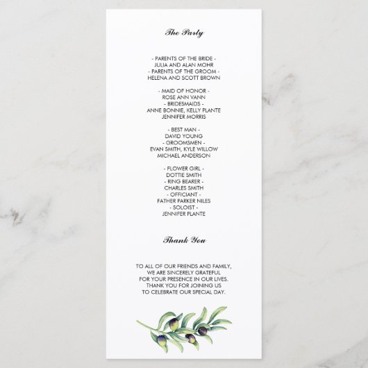 Der Olivenhain | Rustikales Hochzeitsprogramm Programm (Rückseite)