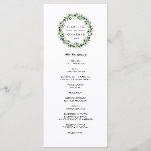 Der Olivenhain | Rustikales Hochzeitsprogramm Programm (Vorderseite)