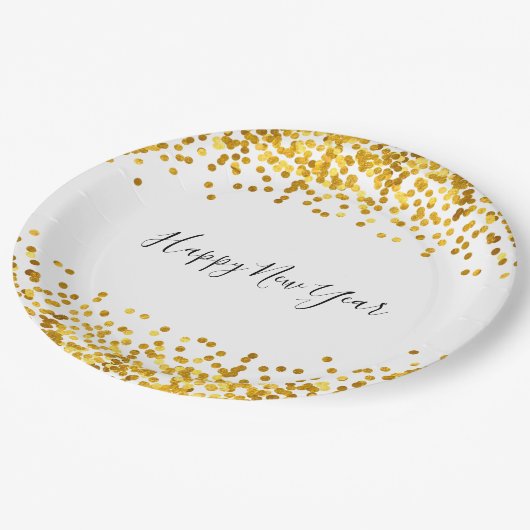 Der PapierTeller des Goldconfetti-neuen Jahres (Schrägansicht)