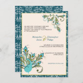 Der Pfau versieht Damast Wedding 2 mit Federn Einladung (Vorne/Hinten)