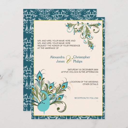 Der Pfau versieht Damast Wedding 2 mit Federn Einladung (Vorne/Hinten)