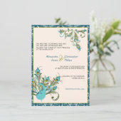 Der Pfau versieht Damast Wedding 2 mit Federn Einladung (Stehend Vorderseite)