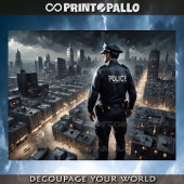 Der Polizeibeamte beobachtet die Stadt, um Sie zu Seidenpapier