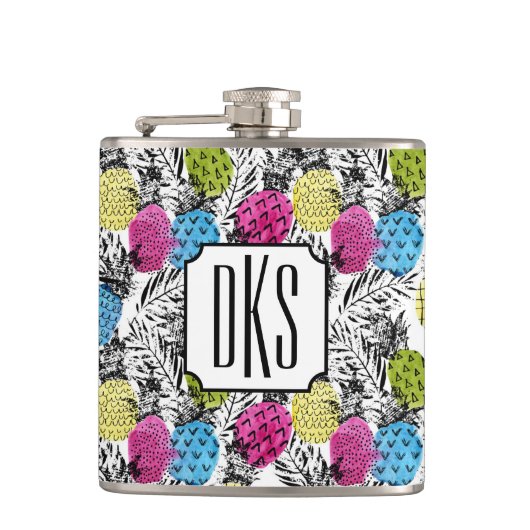 Der Pop-Kunst-Ananas-und Palmblatt-| Monogramm Flachmann (Vorderseite)