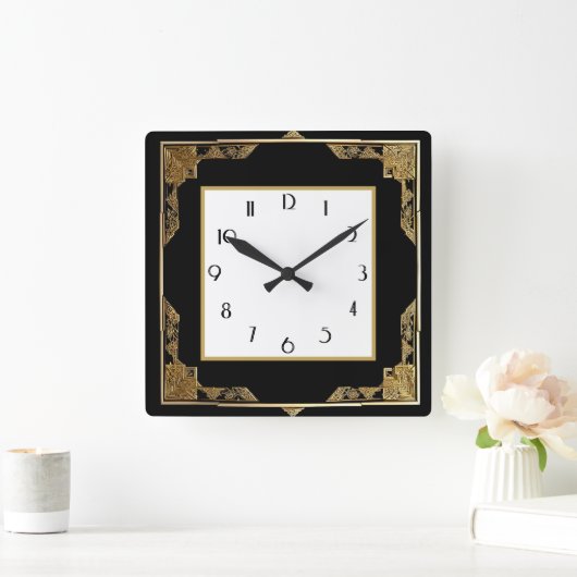 Der Rahmen in Gold und Schwarz Art Deco Quadratische Wanduhr (Zuhause)