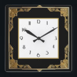 Der Rahmen in Gold und Schwarz Art Deco Quadratische Wanduhr<br><div class="desc">"art Deko clock",  "art nouveau clock",  "gold and black",  "1920er quadratisch",  "stylish elegated 1920 style",  "Imitats golden",  "Retro Vintag antique",  "elegantes Musterdesign",  "quadratische Uhr",  "altmodisches extravagant"</div>