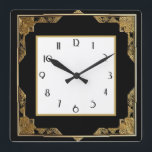 Der Rahmen in Gold und Schwarz Art Deco Quadratische Wanduhr<br><div class="desc">"art Deko clock",  "art nouveau clock",  "gold and black",  "1920er quadratisch",  "stylish elegated 1920 style",  "Imitats golden",  "Retro Vintag antique",  "elegantes Musterdesign",  "quadratische Uhr",  "altmodisches extravagant"</div>