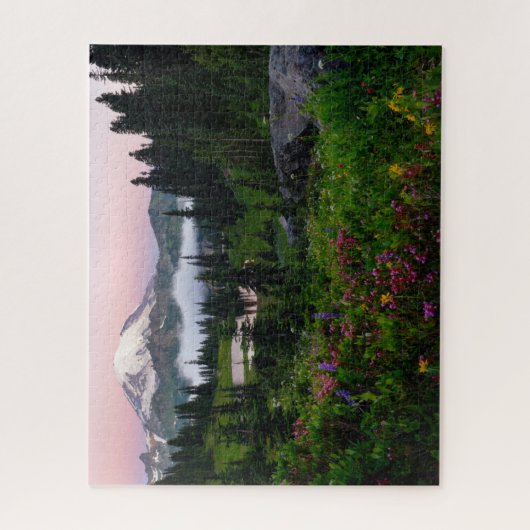 Der Rainier mit den Wildblumen und dem See Puzzle (Vertikal)