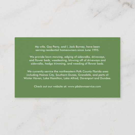 Der Rasen-Service-alte Haus-Visitenkarte des PB Visitenkarte (Rückseite)