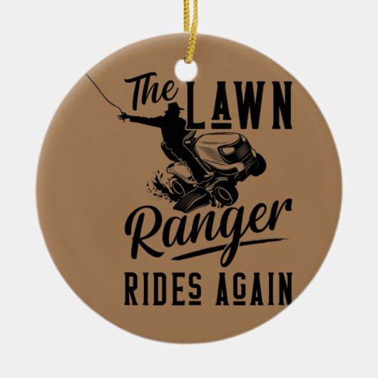 Der Rasenmäher fährt wieder auf dem Rasen. Keramik Ornament (Vorne)