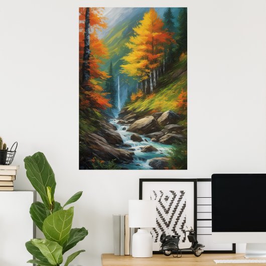 Der rauschende Strom im blühenden Herbstwald Poster (Heimbüro)