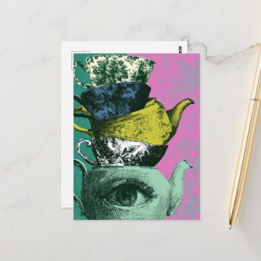 Der Retro-Teetassen-Teekessel-Stapel Postkarte (Vorderseite/Rückseite Beispiel)