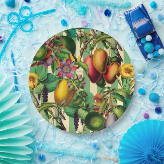 Der Retrostil von grünen Früchten und Blumengärten Pappteller (Party)