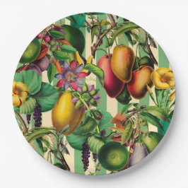Der Retrostil von grünen Früchten und Blumengärten Pappteller