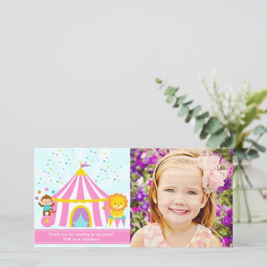 Der rosa personalisierte Zirkus-Karneval danken Dankeskarte (Stehend Vorderseite)