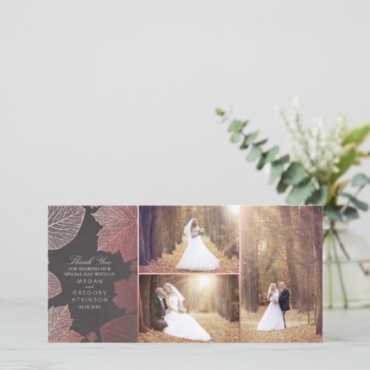 Der Rosen-GoldHerbstlaub, der Foto Wedding ist, Dankeskarte (Stehend Vorderseite)