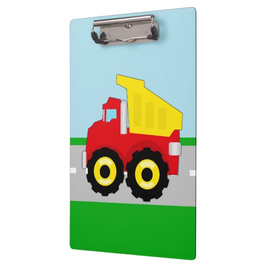 Der rote/gelbe Kipper des Kindes auf Straße Klemmbrett (Links)