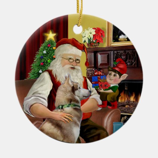 Der rote sibirische Husky des Weihnachtsmanns Keramik Ornament (Vorne)