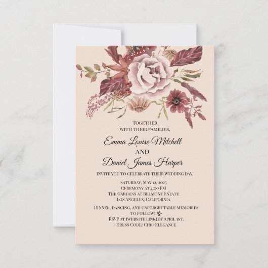 Der rustikale Herbst blüht leicht beige Wasserfarb Einladung (Vorderseite)