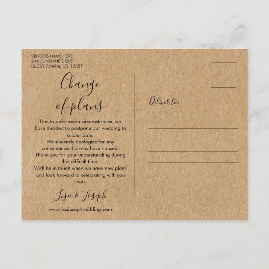 Der rustikale neue Plan ändert das Datum des verzö Ankündigungspostkarte (Rückseite)