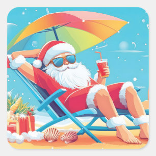 Der Santa Claus entspannt sich auf einem Sonnenbet Quadratischer Aufkleber