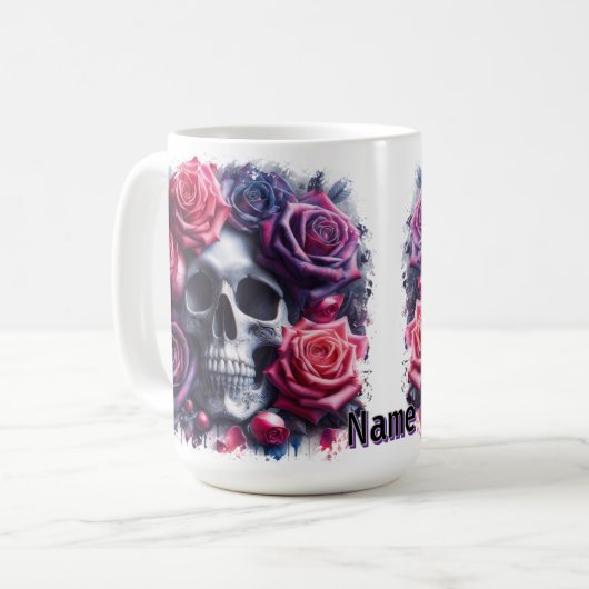 Der Schädel ist umgeben von lebendigen Rose Kaffeetasse (Vorderseite Links)