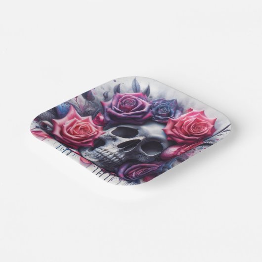 Der Schädel ist umgeben von lebendigen Rose Pappteller (Gewinkelt)