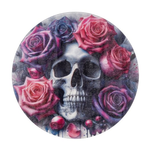 Der Schädel ist umgeben von lebendigen Rose Schneidebrett (Vorderseite)