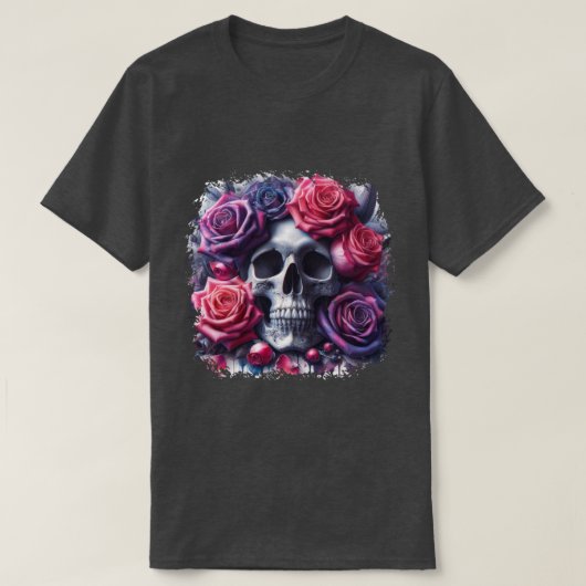 Der Schädel ist umgeben von lebendigen Rose T-Shirt (Design vorne)