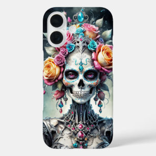 Der Schädel von Santa Muerte mit farbigen Blume iPhone 16 Hülle