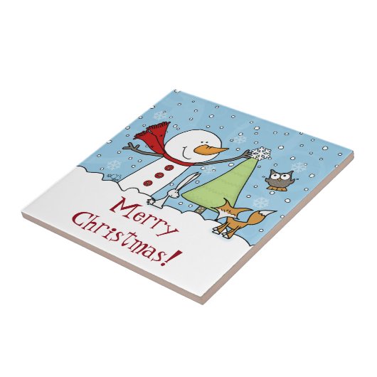 Der Schneemann dekoriert Bäume mit Waldkreaturen Fliese (Seite)