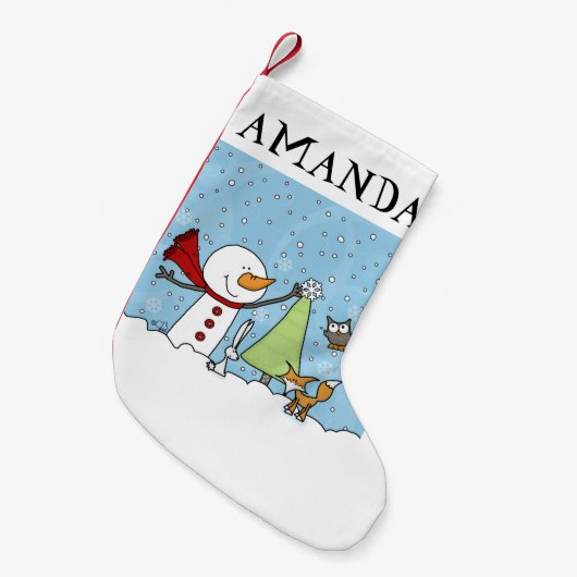 Der Schneemann dekoriert Bäume mit Waldkreaturen Kleiner Weihnachtsstrumpf (Vorderansicht (hängend))