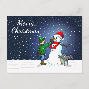 Der Schneemann, Hund und Junge Weihnachtspostkarte Postkarte