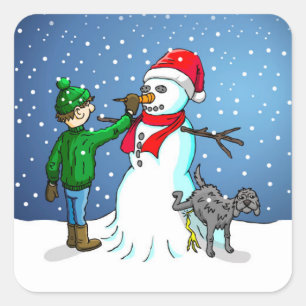 Der Schneemann, Junge und Hund auf einem Aufkleber