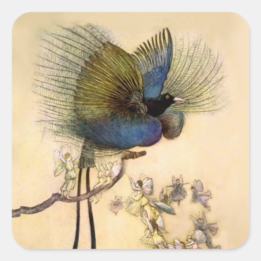 „Der schönste Vogel“ von Warwick Goble Quadratischer Aufkleber (Vorderseite)