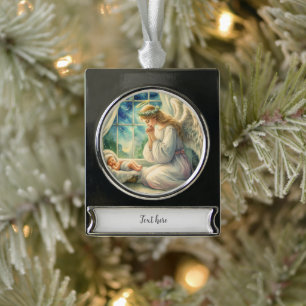 Der Schutzengel betet an der Wiege des Babys Banner-Ornament Silber