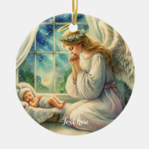 der Schutzengel betet an der Wiege des Babys Keramik Ornament