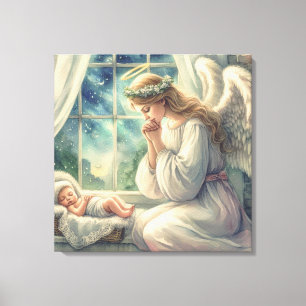 der Schutzengel betet an der Wiege des Babys Leinwanddruck