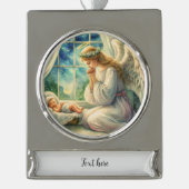 Der Schutzengel betet um die Wiege des Babys Banner-Ornament Silber (Vorderseite)