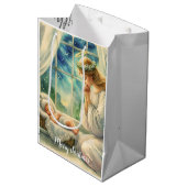 der Schutzengel betet von der Wiege des Babys Mittlere Geschenktüte (Vorderseite Schrägansicht)