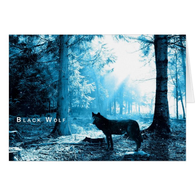 Der Schwarze Wolf allein im Wald (Vorderseite (Horizontal))